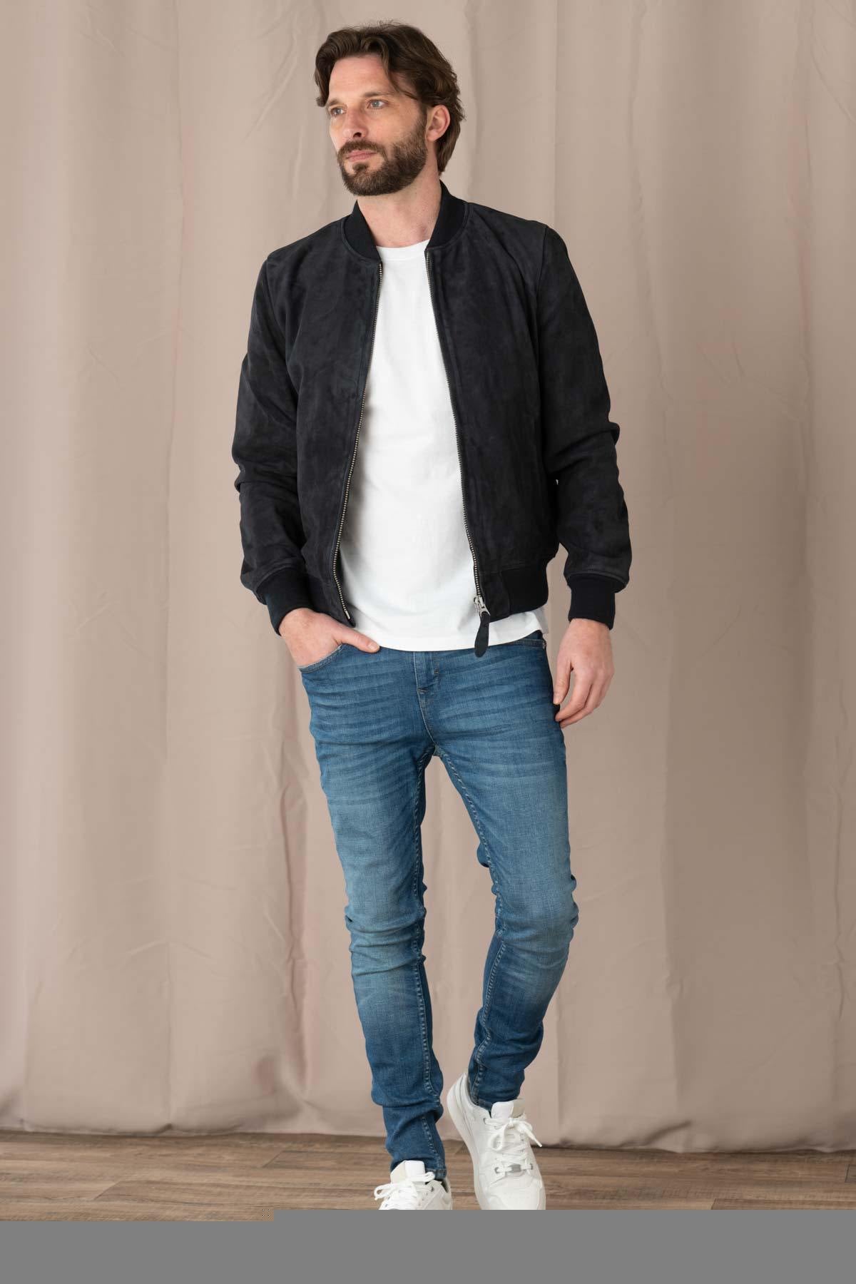 Navy blue suede leather bomber jacket - Image n°3