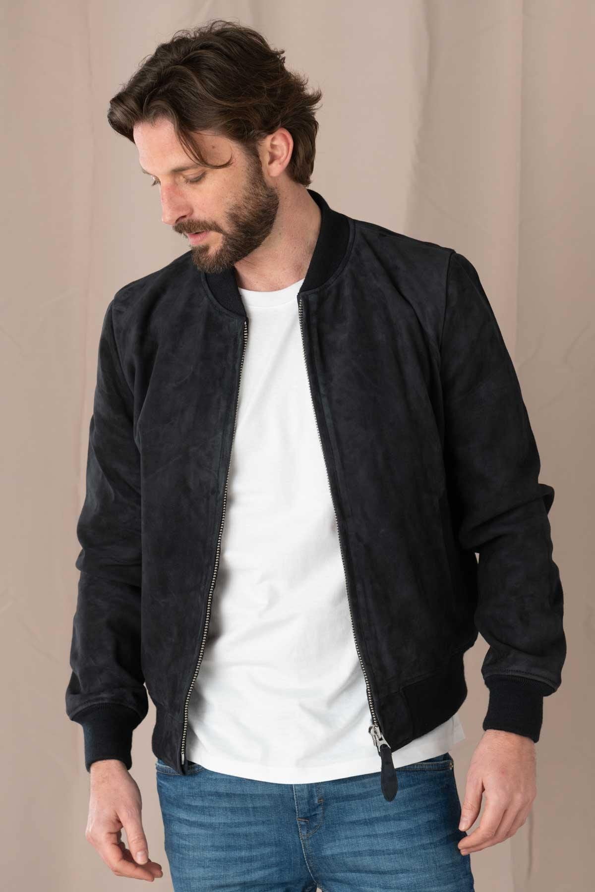 Navy blue suede leather bomber jacket - Image n°1