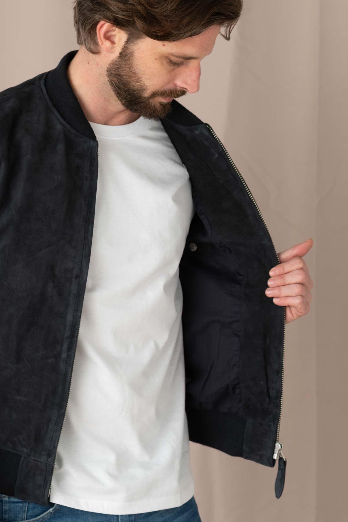 Navy blue suede leather bomber jacket - Image n°8