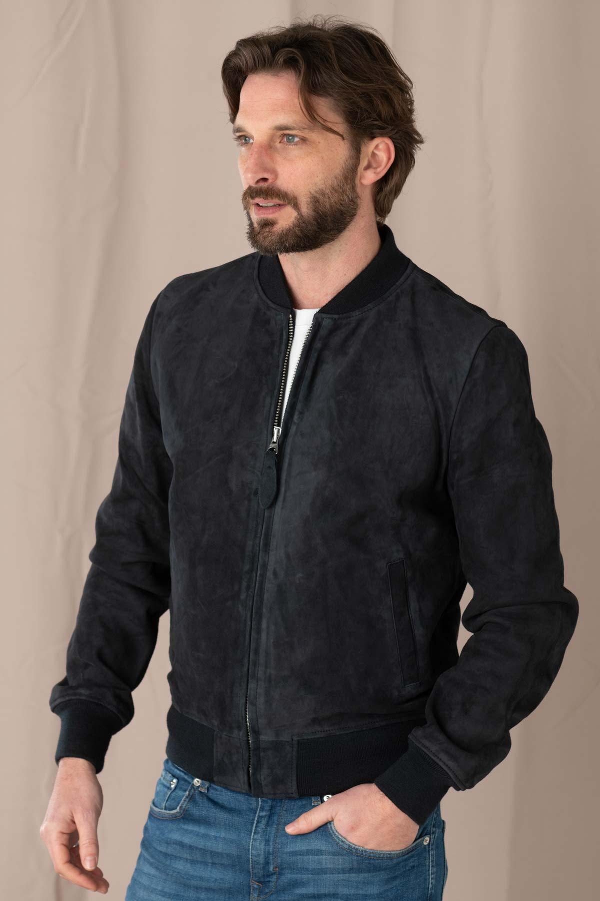 Navy blue suede leather bomber jacket - Image n°4