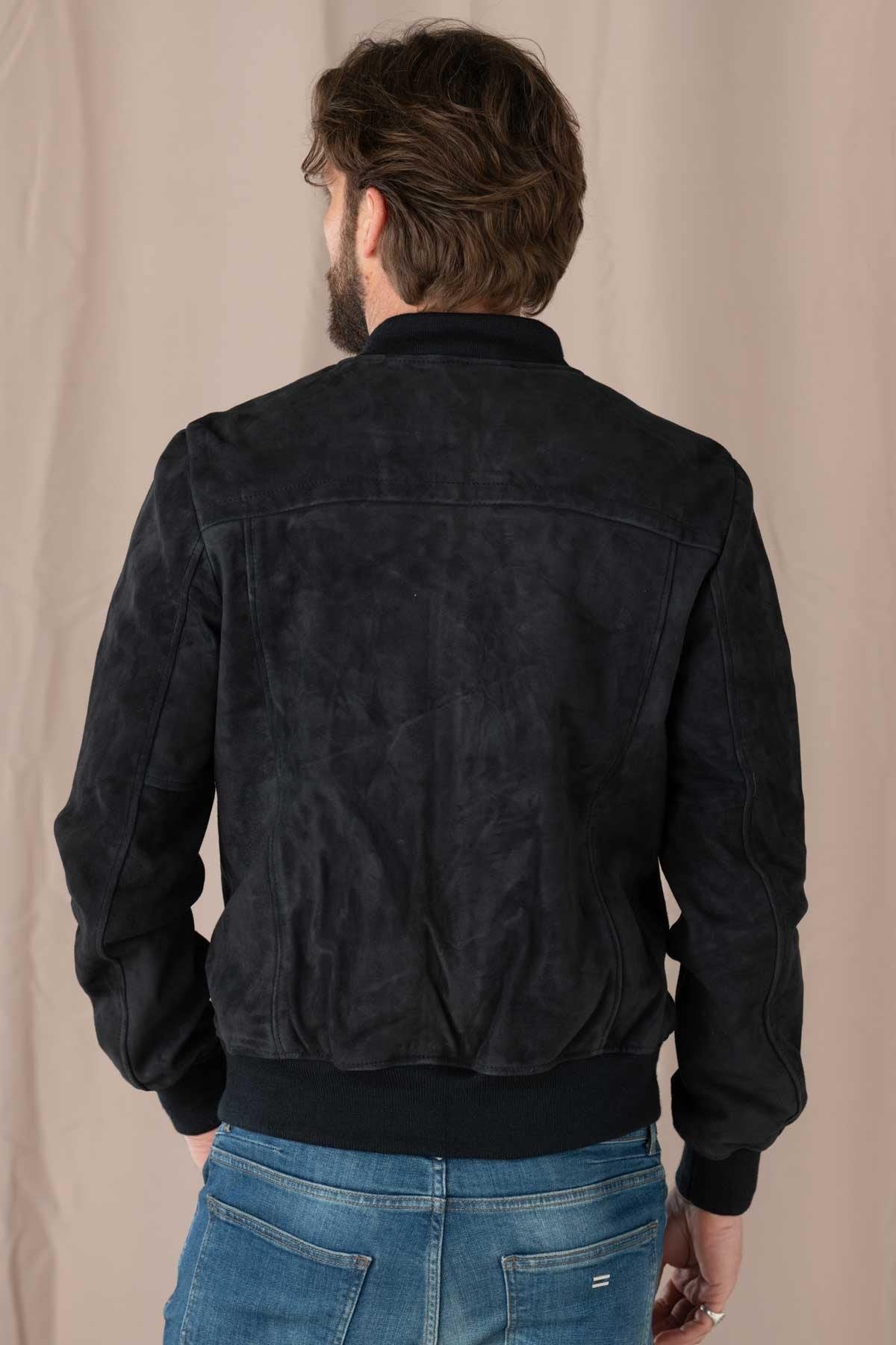 Navy blue suede leather bomber jacket - Image n°2