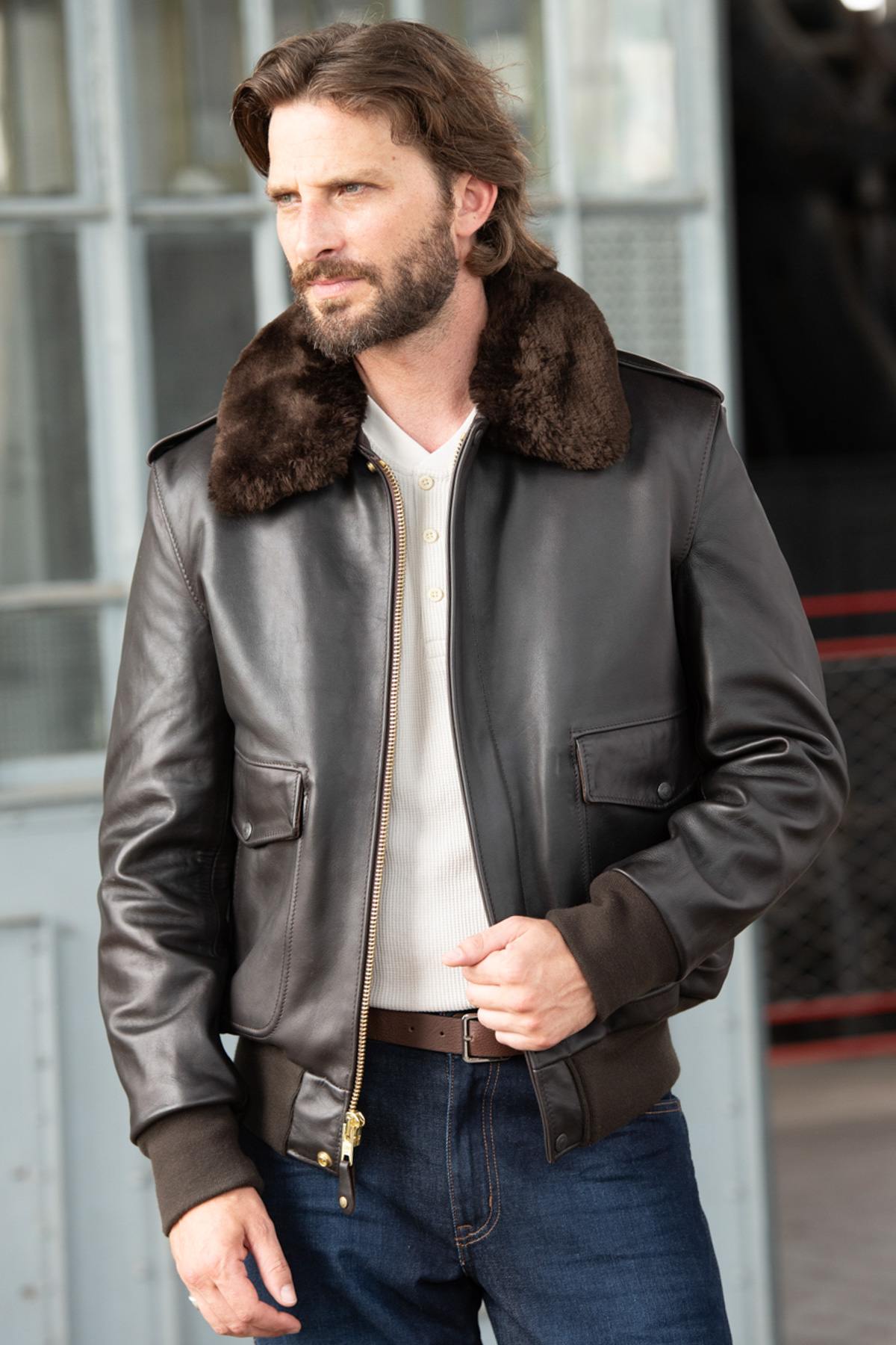 SCHOTT men's pilot jacket in brown leather - Image n°1