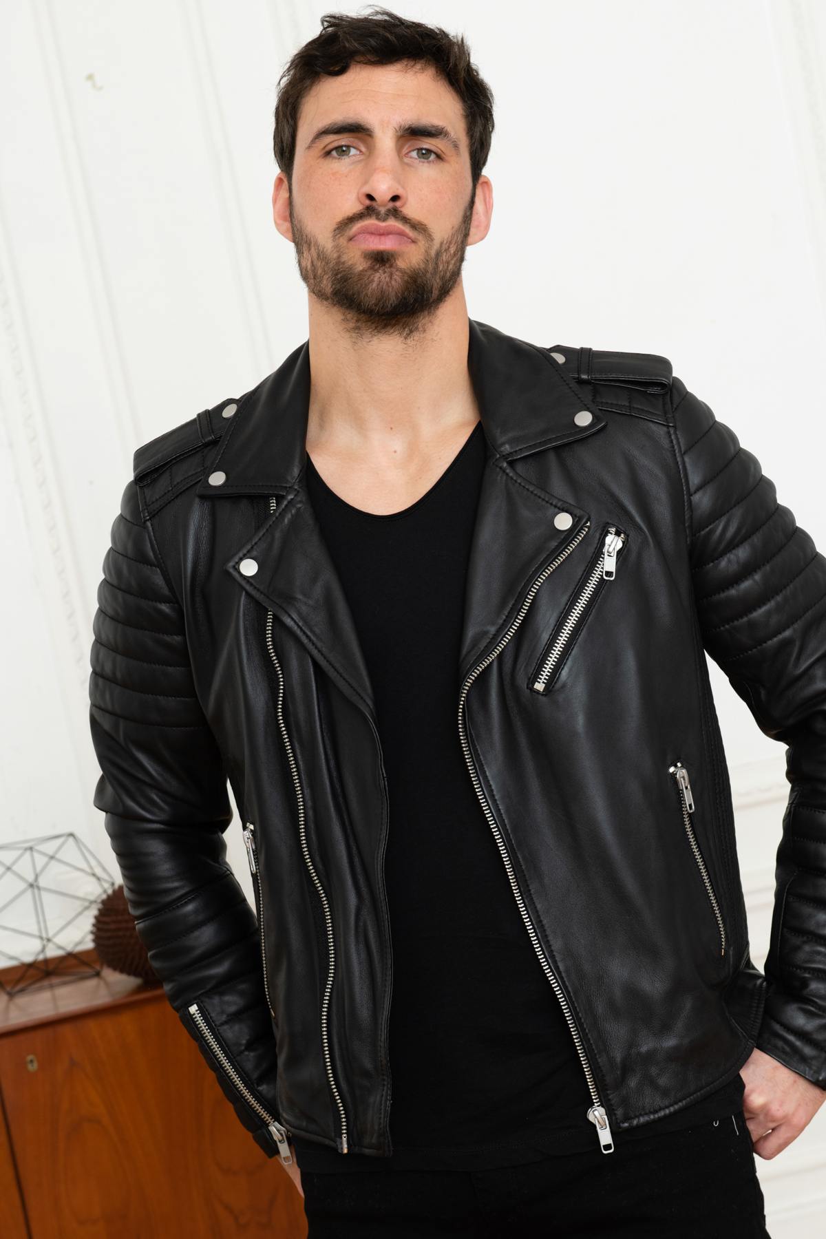 Quilted Biker Jacket in black lambskin - Image n°13