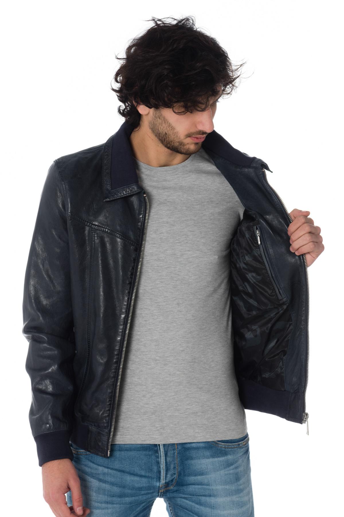 Navy blue leather jacket with ribbing - Image n°5