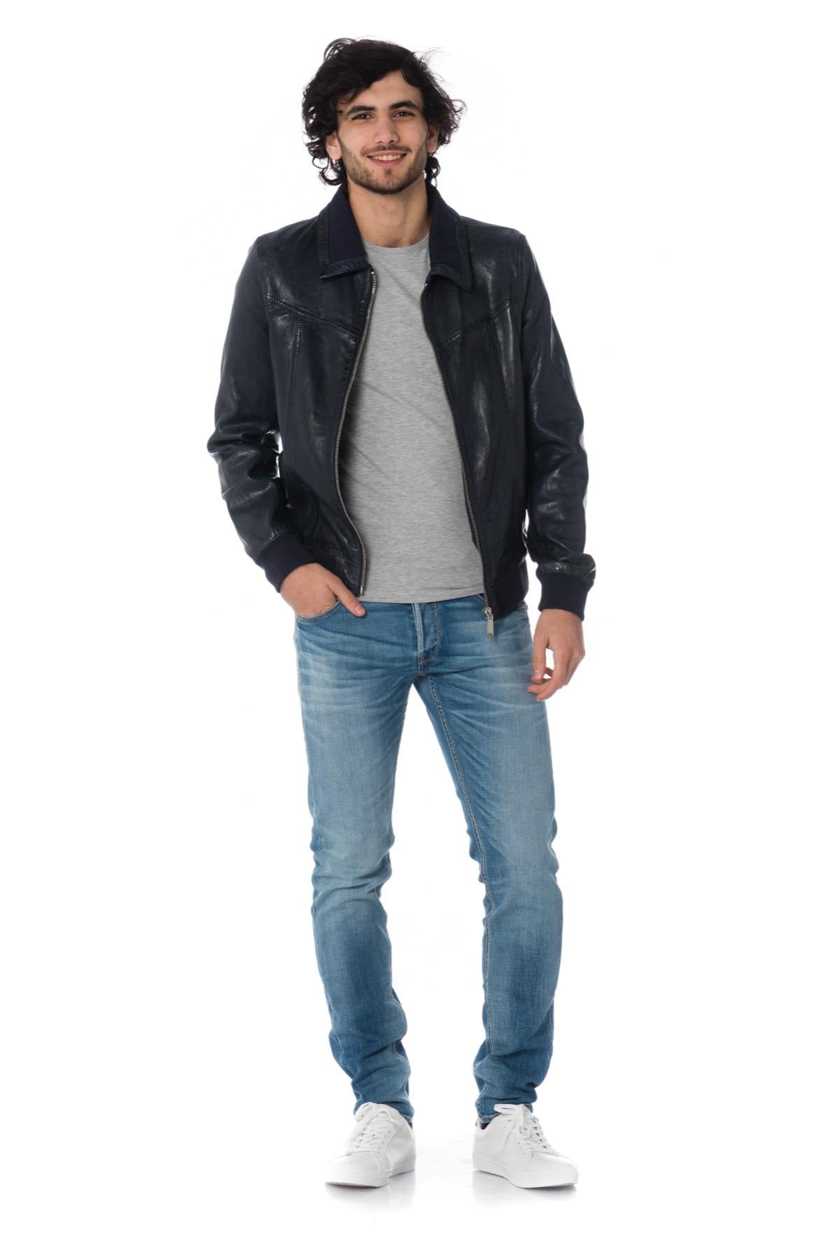 Navy blue leather jacket with ribbing - Image n°2