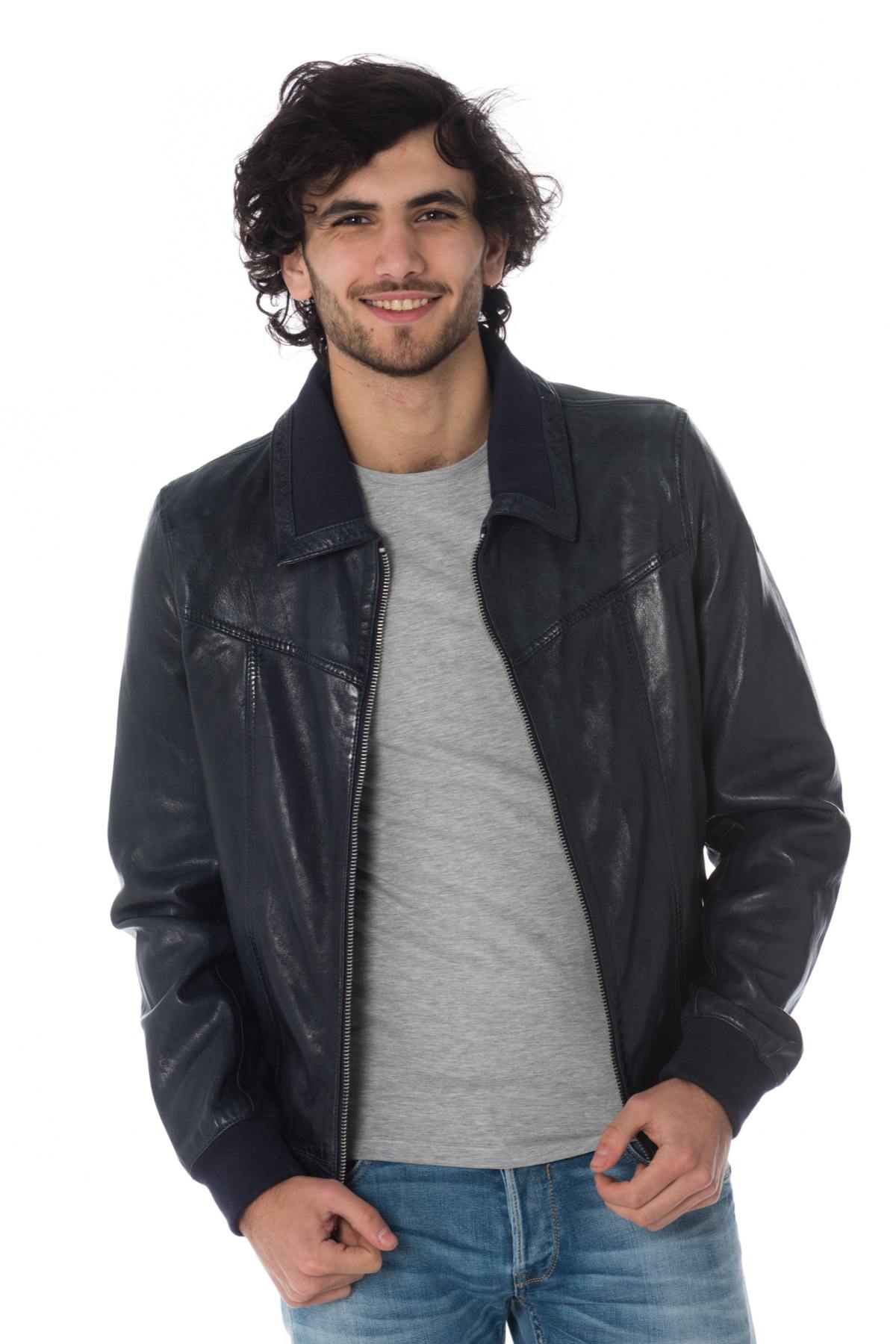 Navy blue leather jacket with ribbing - Image n°4