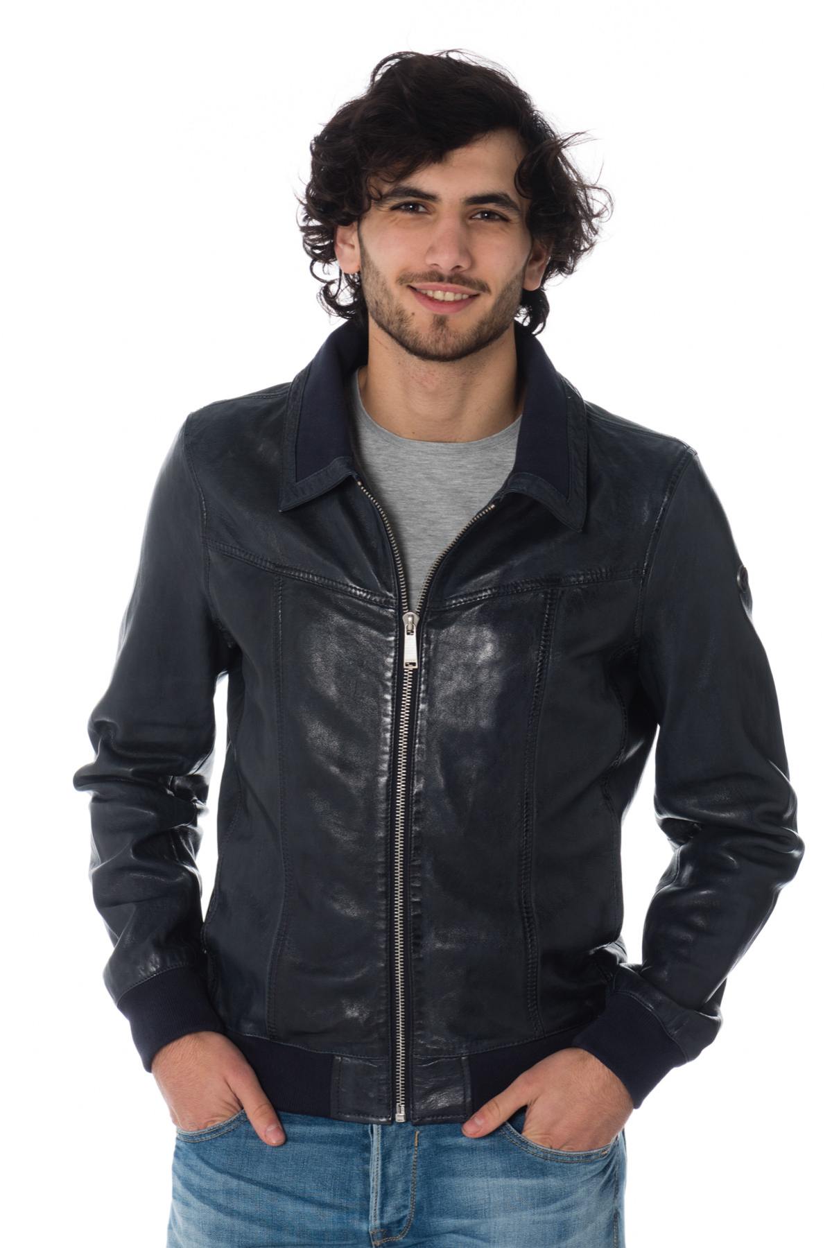 Navy blue leather jacket with ribbing - Image n°3