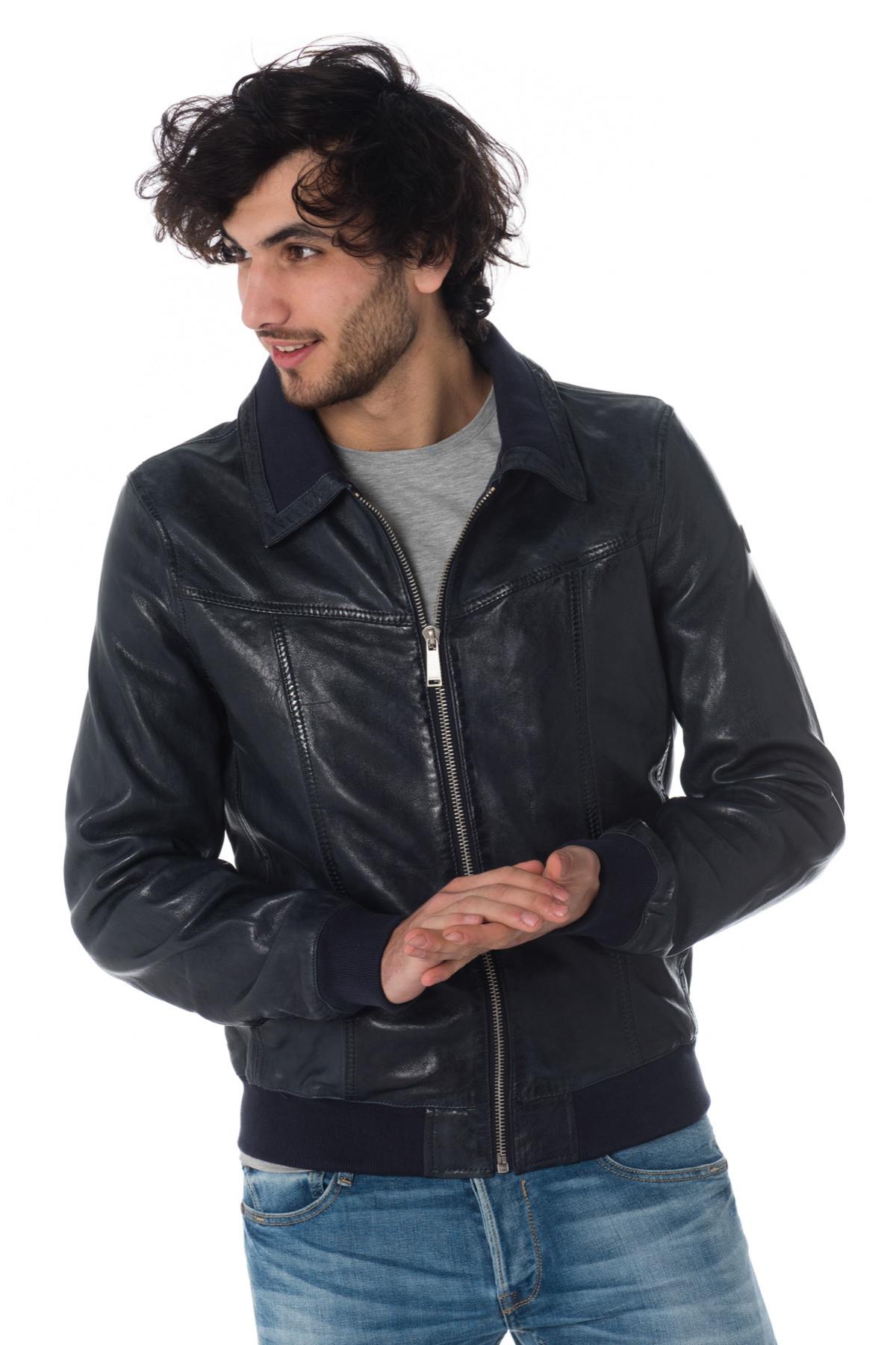 Navy blue leather jacket with ribbing - Image n°1