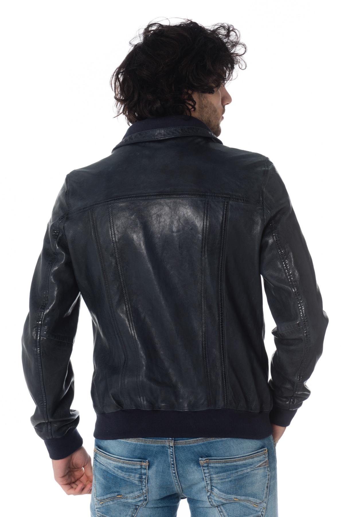 Navy blue leather jacket with ribbing - Image n°6