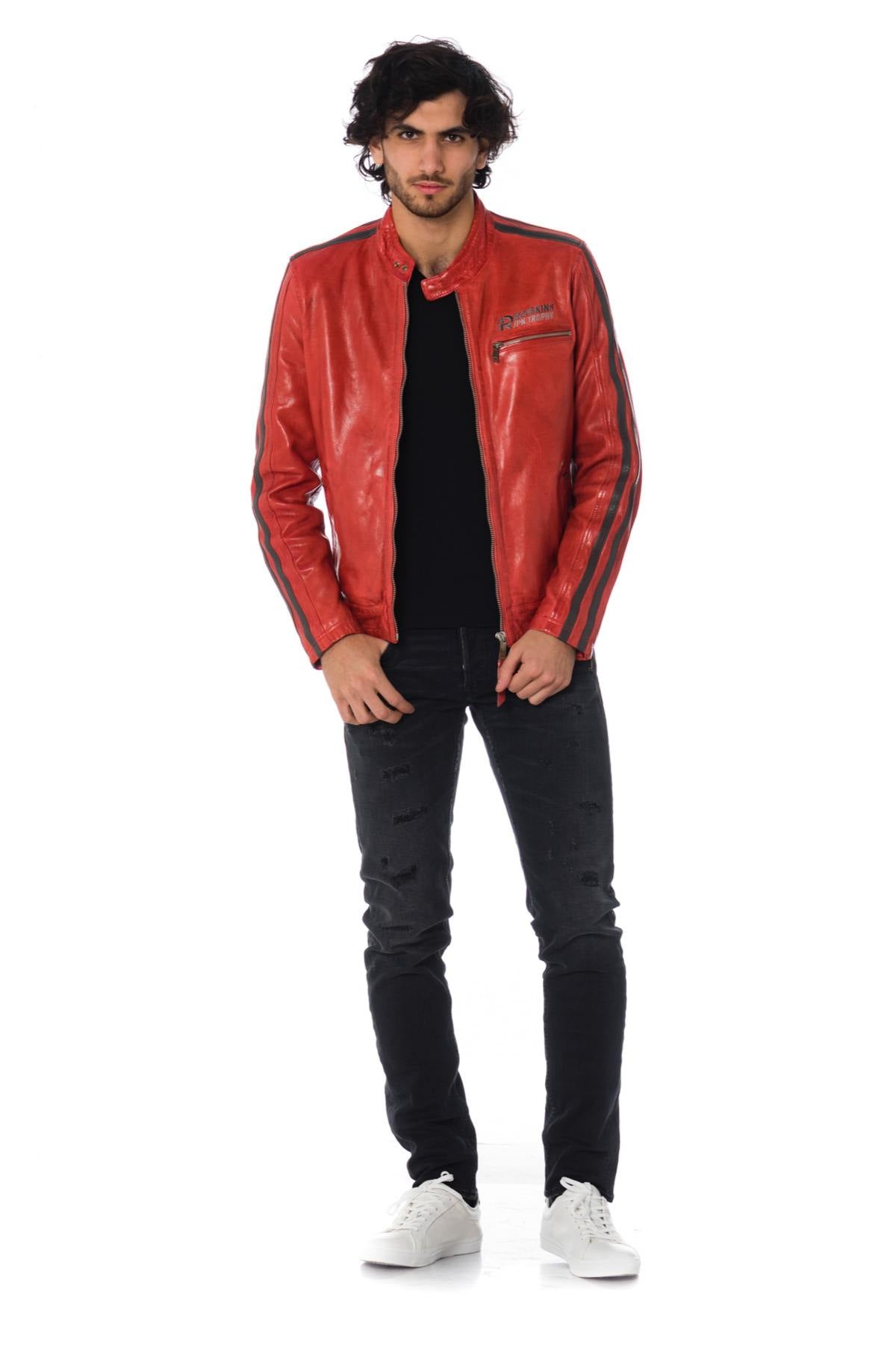 Red and gray biker style jacket - Image n°2