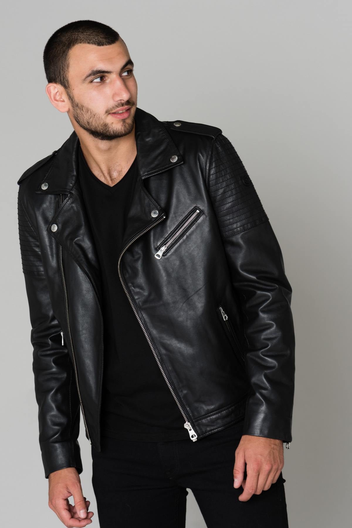 Redskins men's black leather Biker Jacket - Image n°1