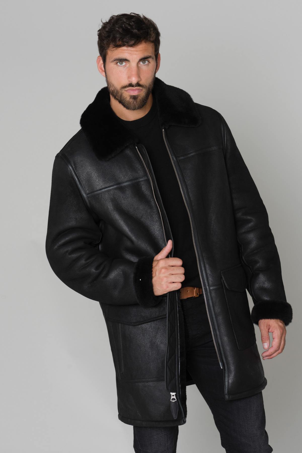 Men's mid-length black jacket - Image n°1