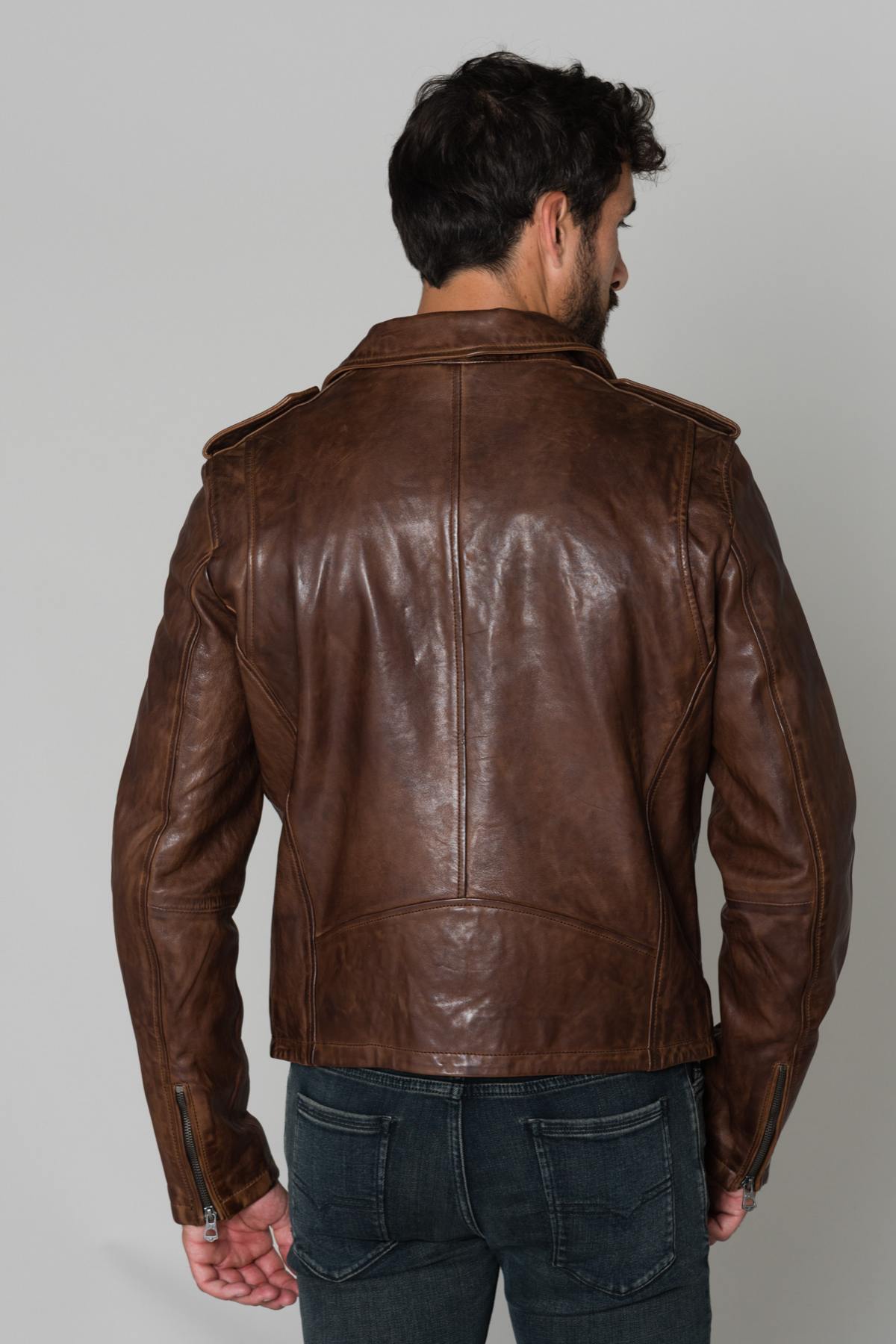 Men's dark cognac biker jacket in lambskin - Image n°6