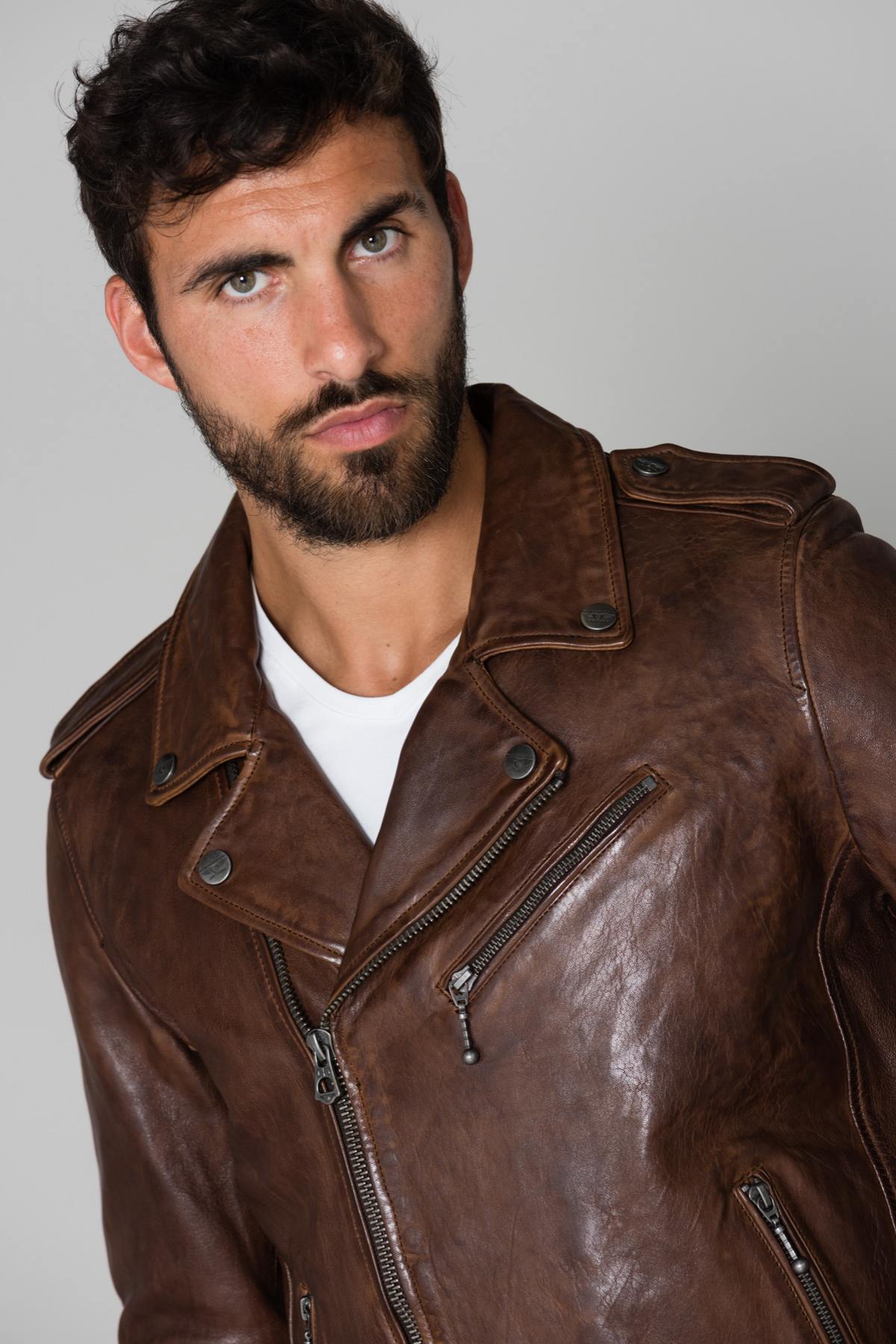 Men's dark cognac biker jacket in lambskin - Image n°7