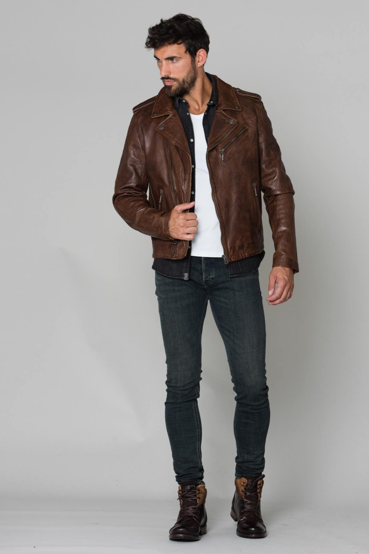 Men's dark cognac biker jacket in lambskin - Image n°3