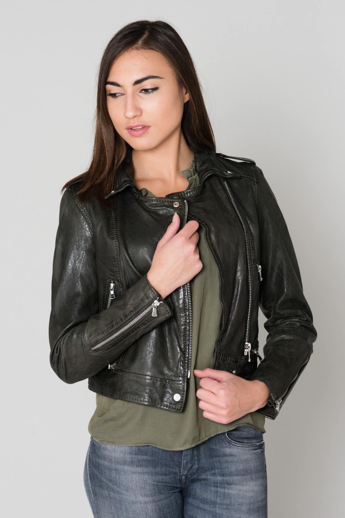 Khaki sheepskin leather biker jacket - Image n°4