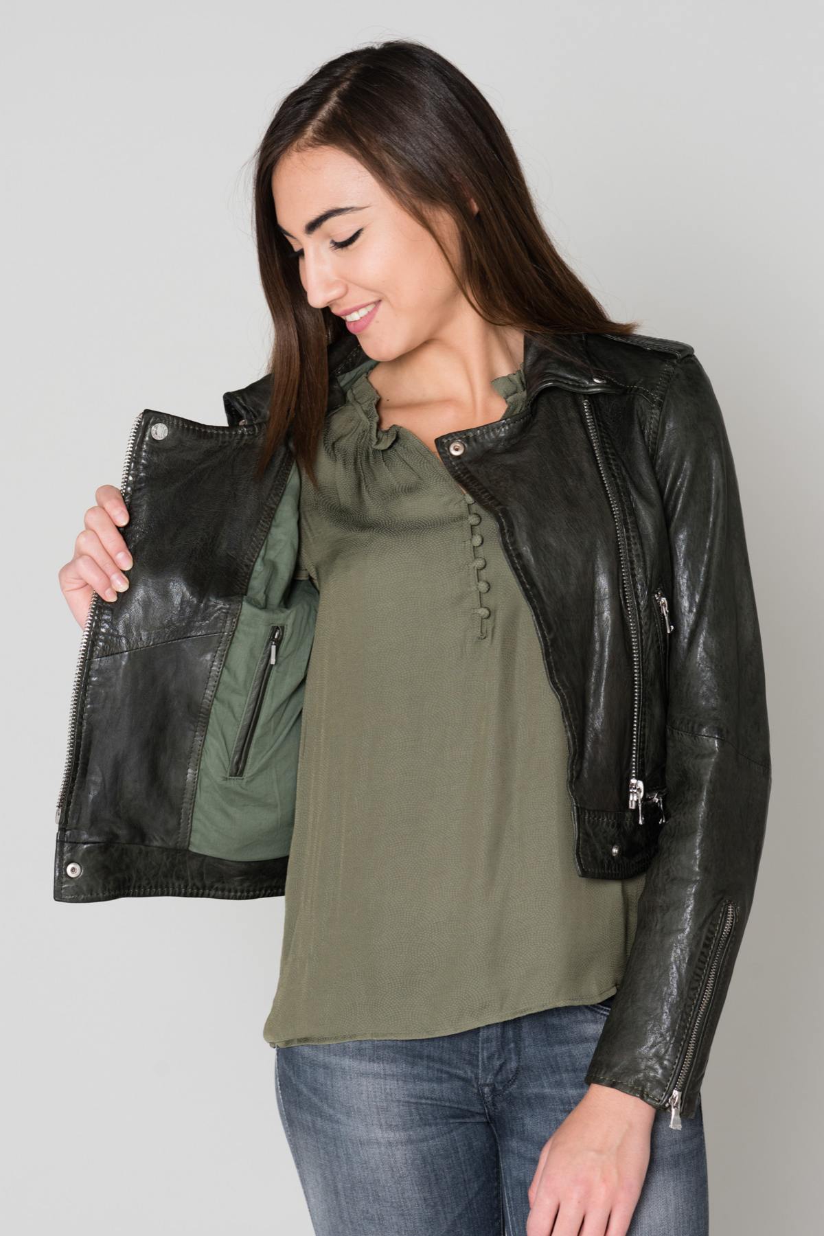 Khaki sheepskin leather biker jacket - Image n°5