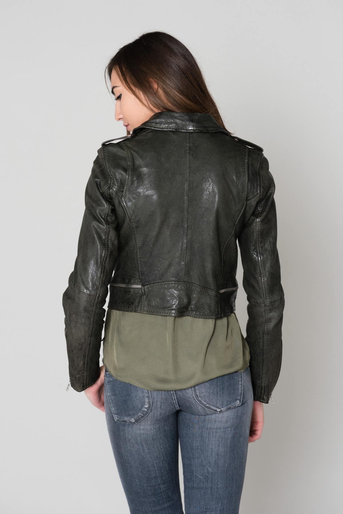 Khaki sheepskin leather biker jacket - Image n°6