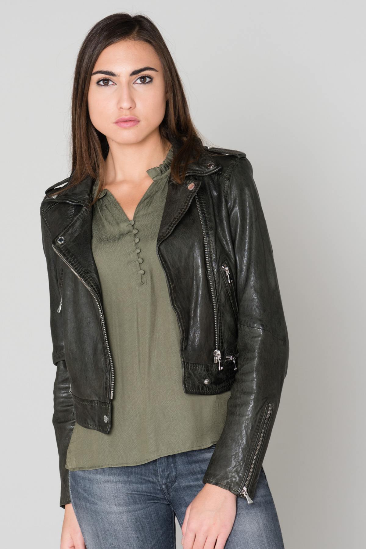 Khaki sheepskin leather biker jacket - Image n°1