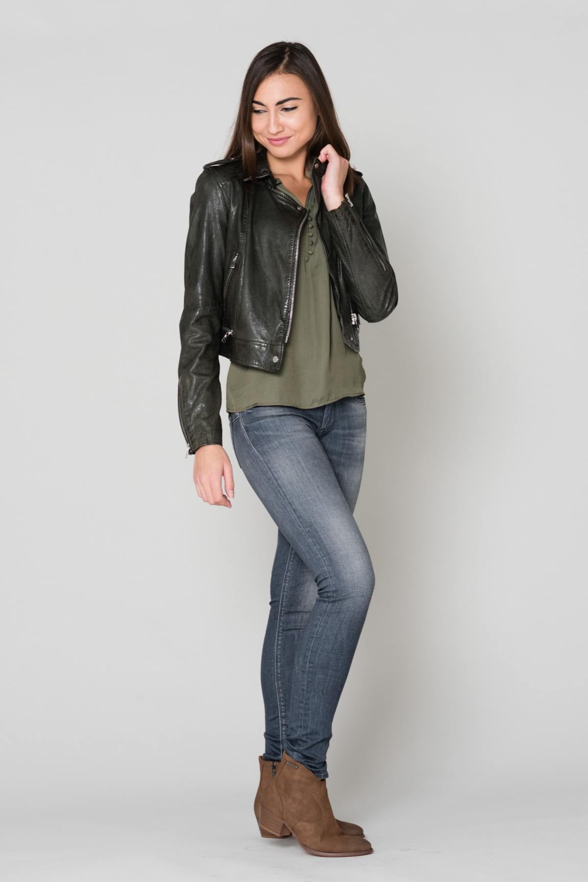 Khaki sheepskin leather biker jacket - Image n°2