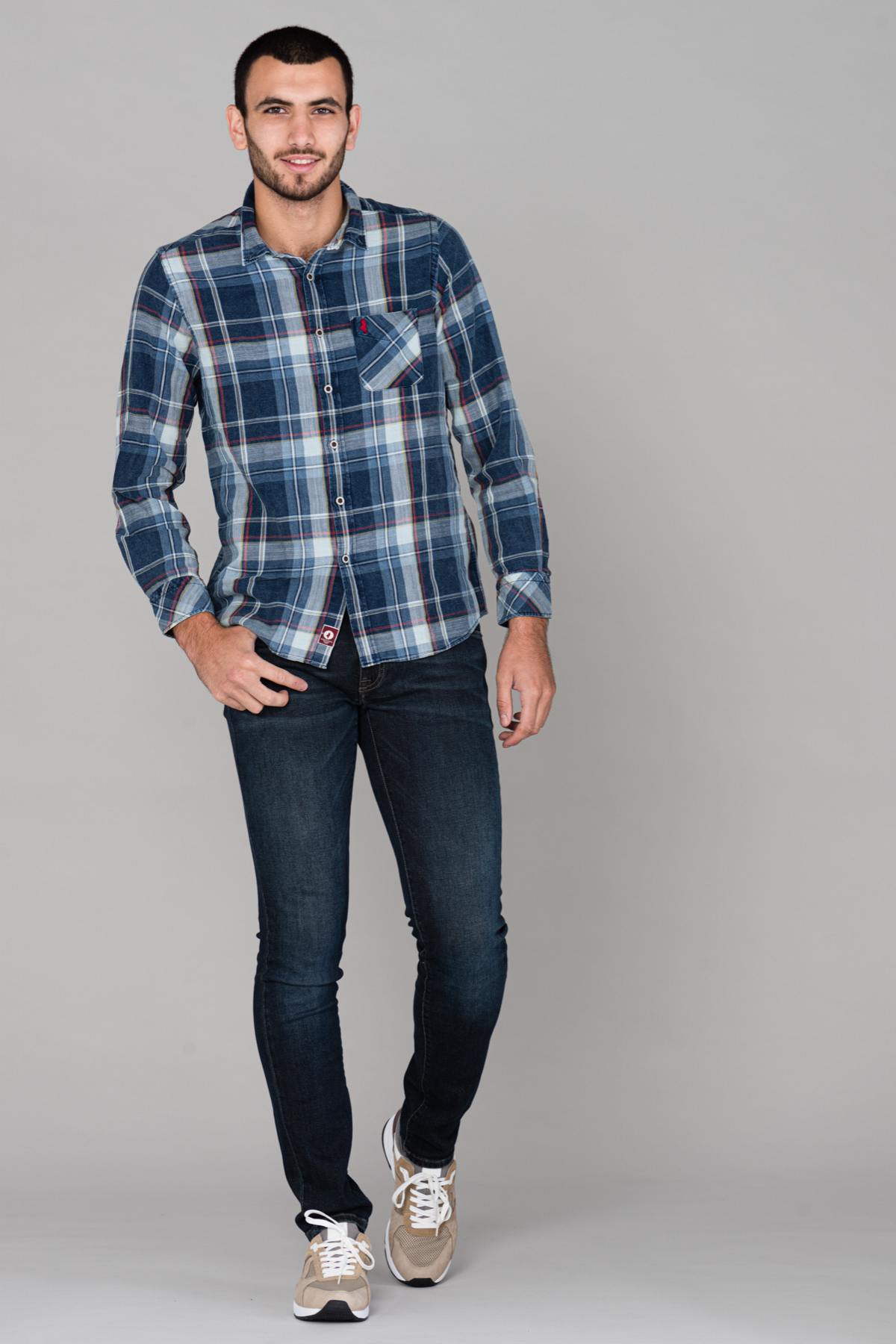 Blue long-sleeved checked shirt - Image n°3