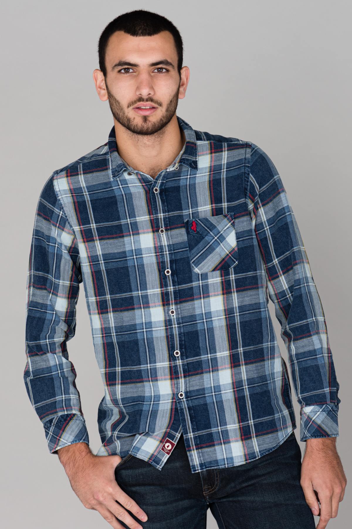 Blue long-sleeved checked shirt - Image n°2