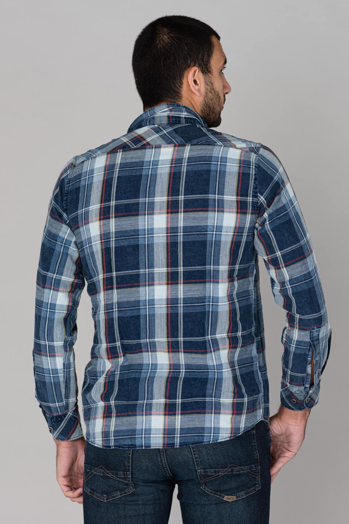 Blue long-sleeved checked shirt - Image n°4