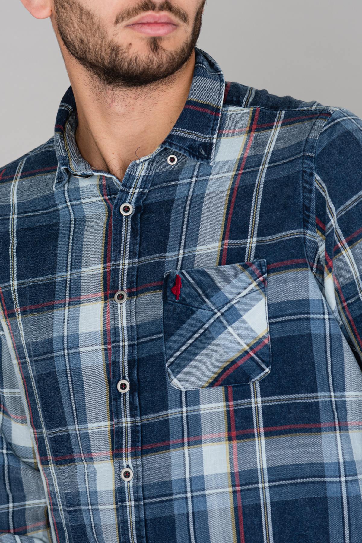 Blue long-sleeved checked shirt - Image n°5