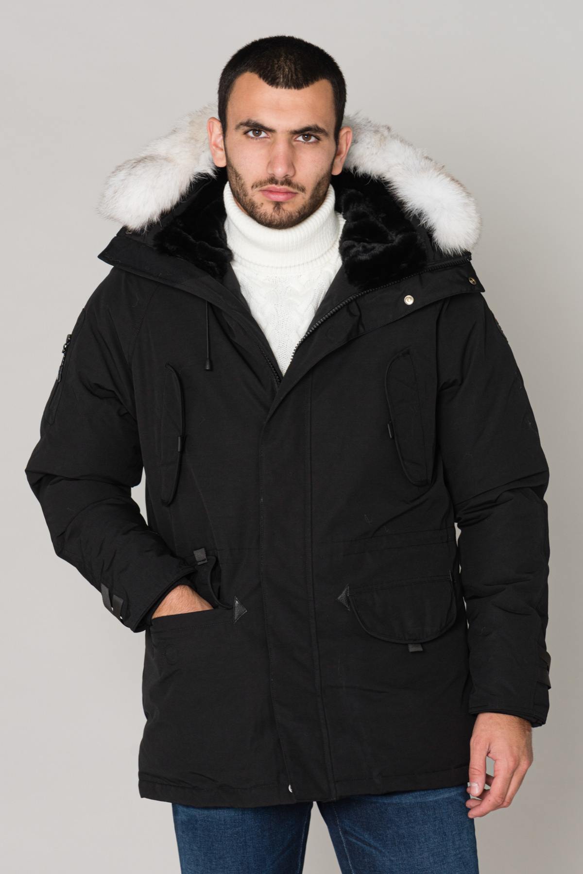 Men's black parka with white fur - Image n°1