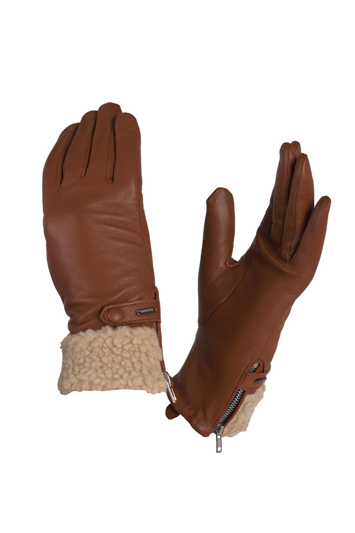 Women's camel lambskin gloves - Image n°3