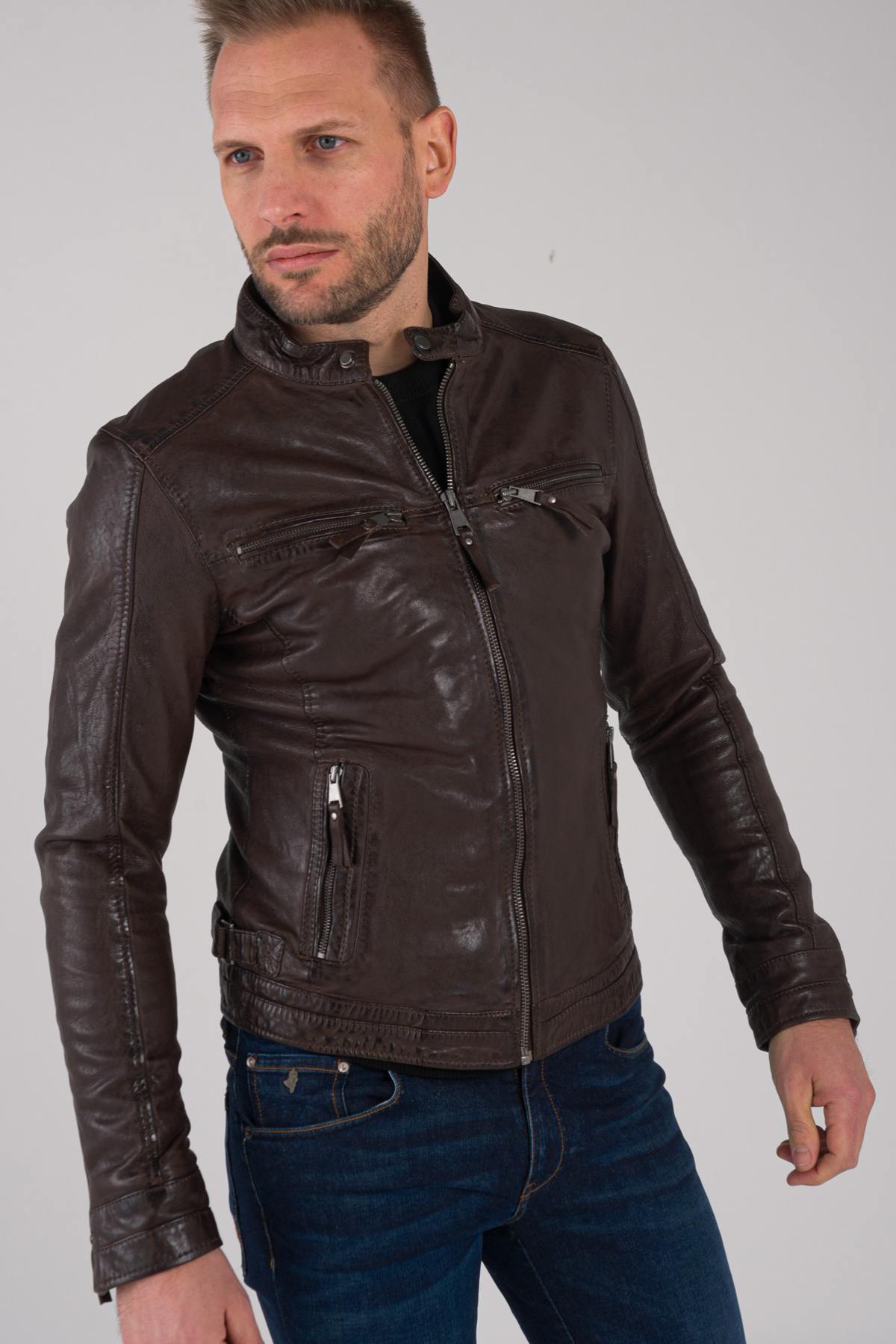 Brown vegetable sheepskin leather jacket - Image n°1