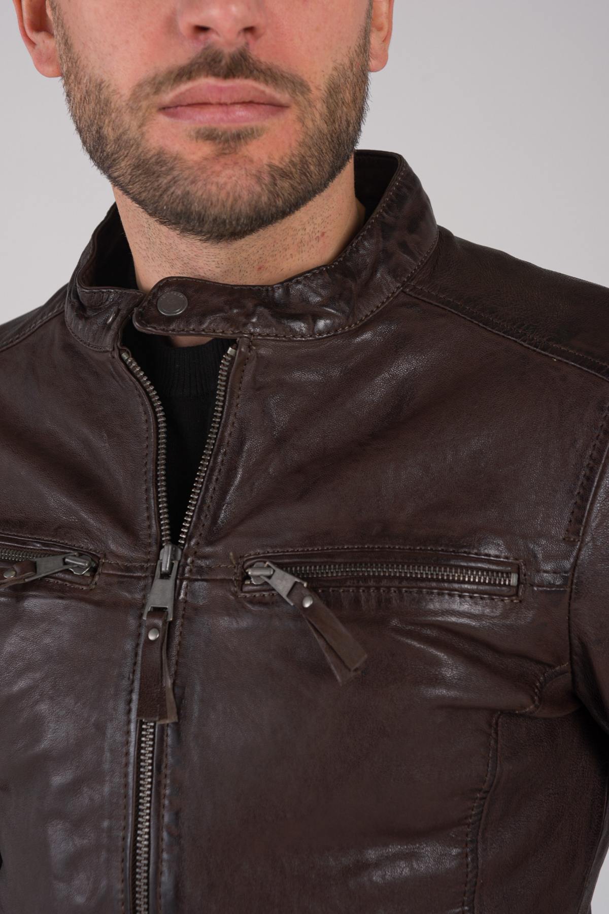 Brown vegetable sheepskin leather jacket - Image n°5