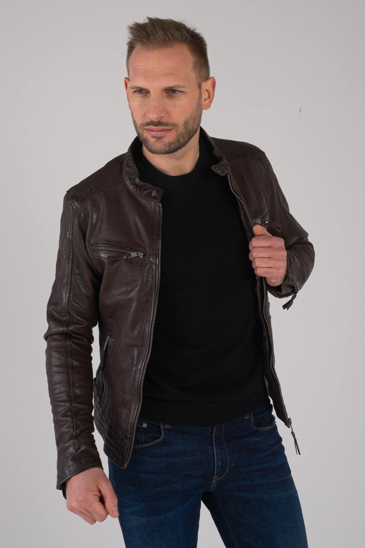 Brown vegetable sheepskin leather jacket - Image n°6