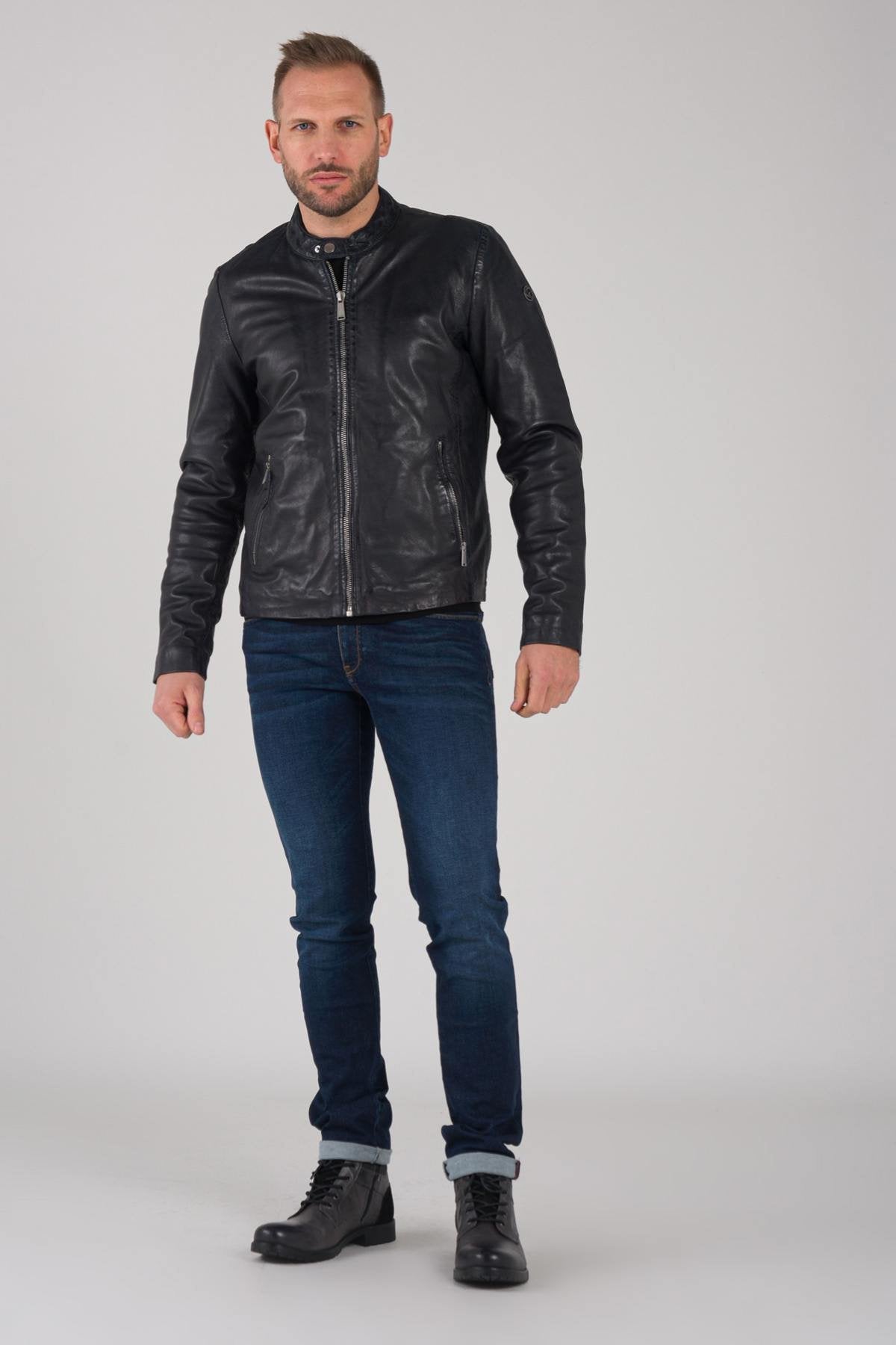 Men's blue leather jacket - Image n°2