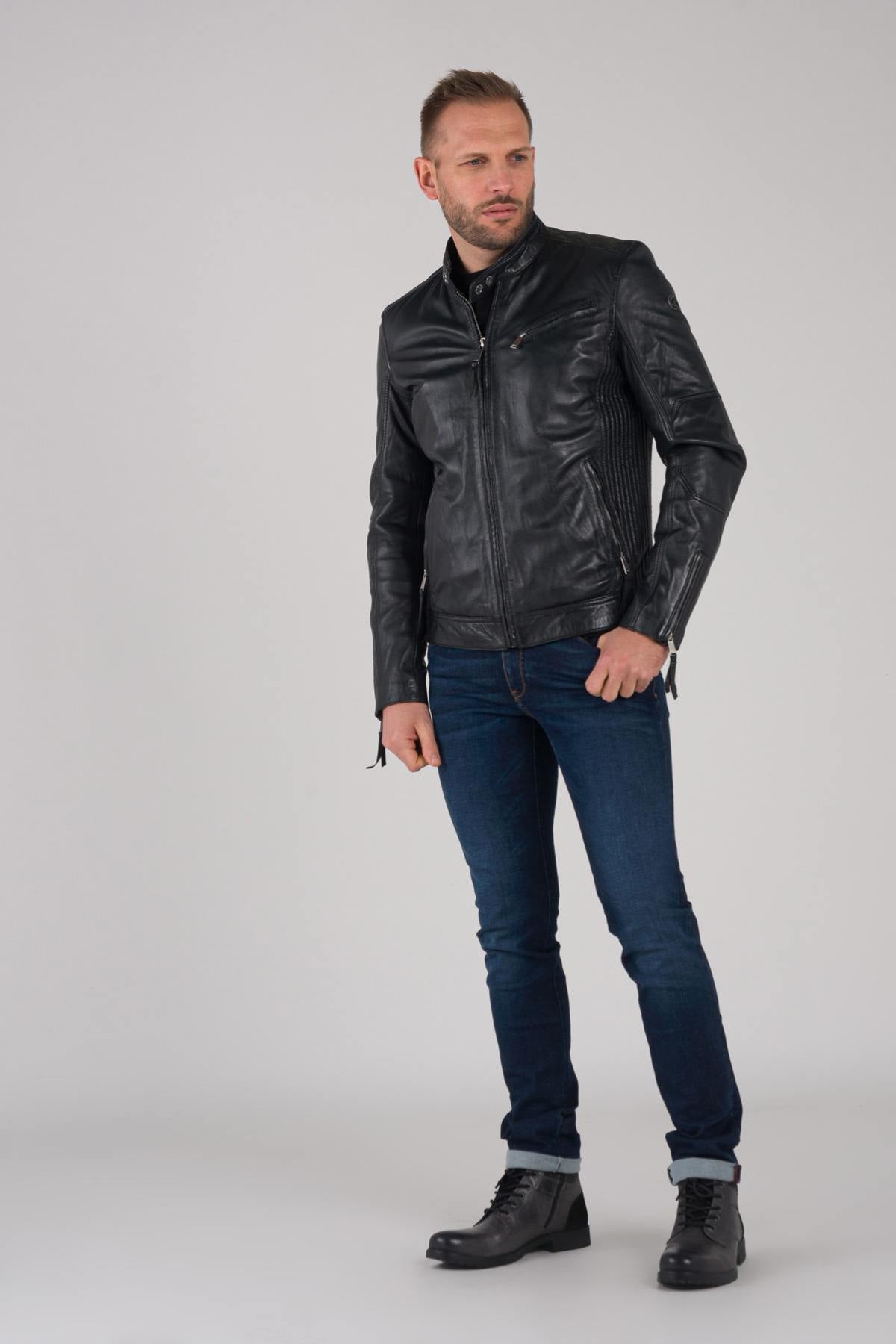 Navy blue biker style leather jacket - Image n°2