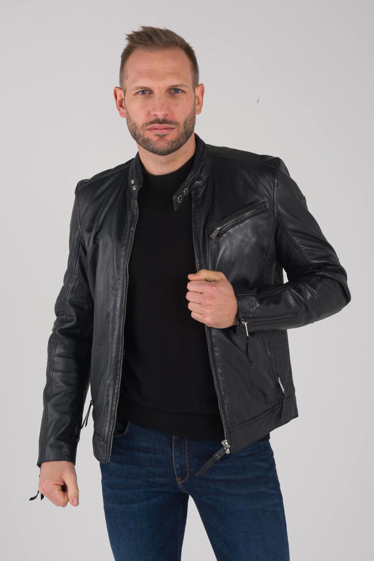 Navy blue biker style leather jacket - Image n°1