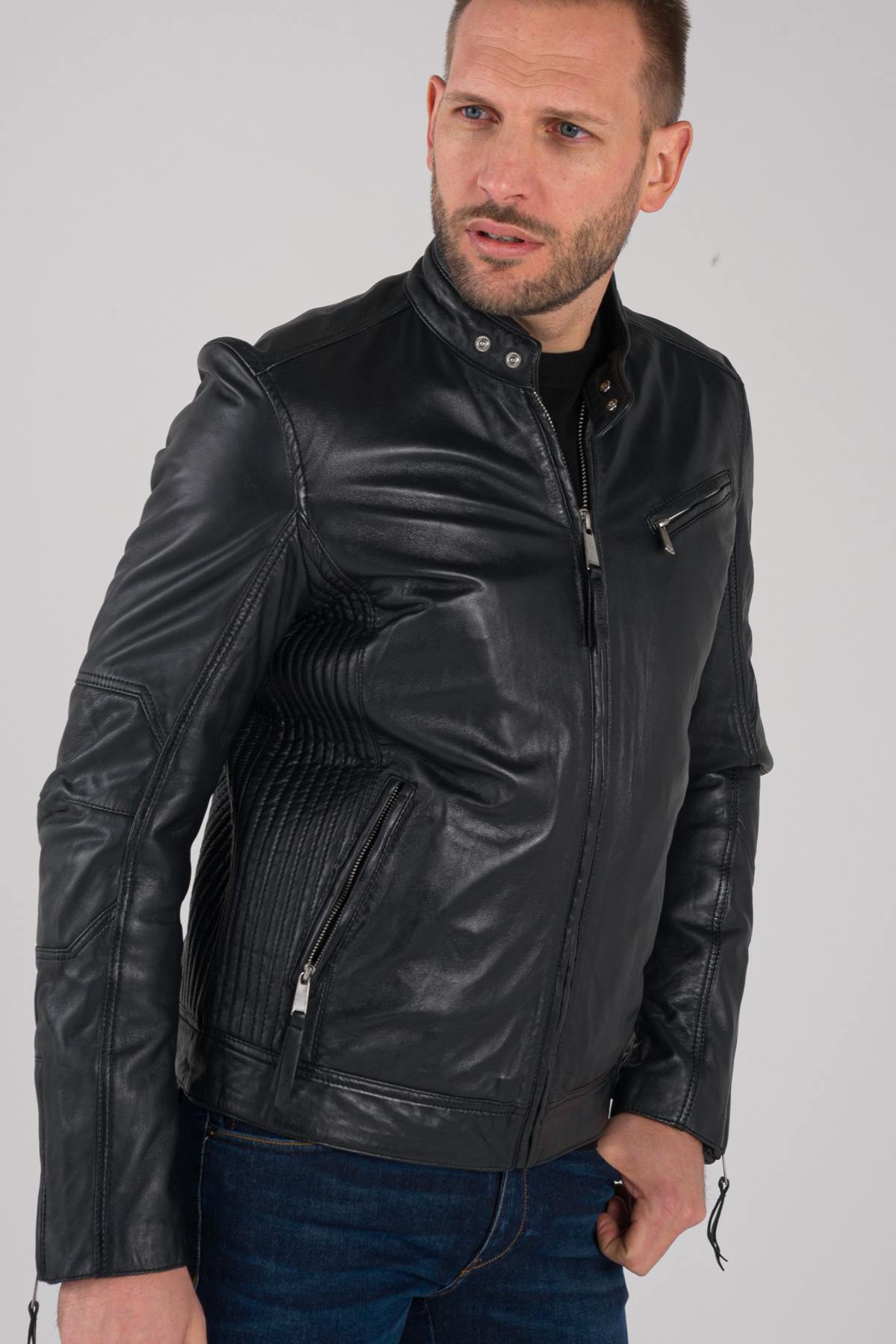 Navy blue biker style leather jacket - Image n°3