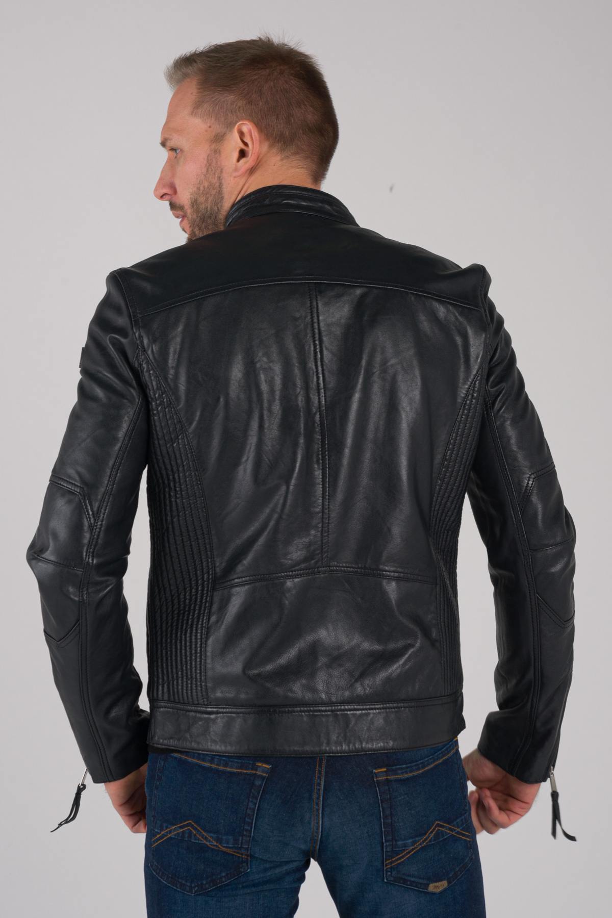 Navy blue biker style leather jacket - Image n°6