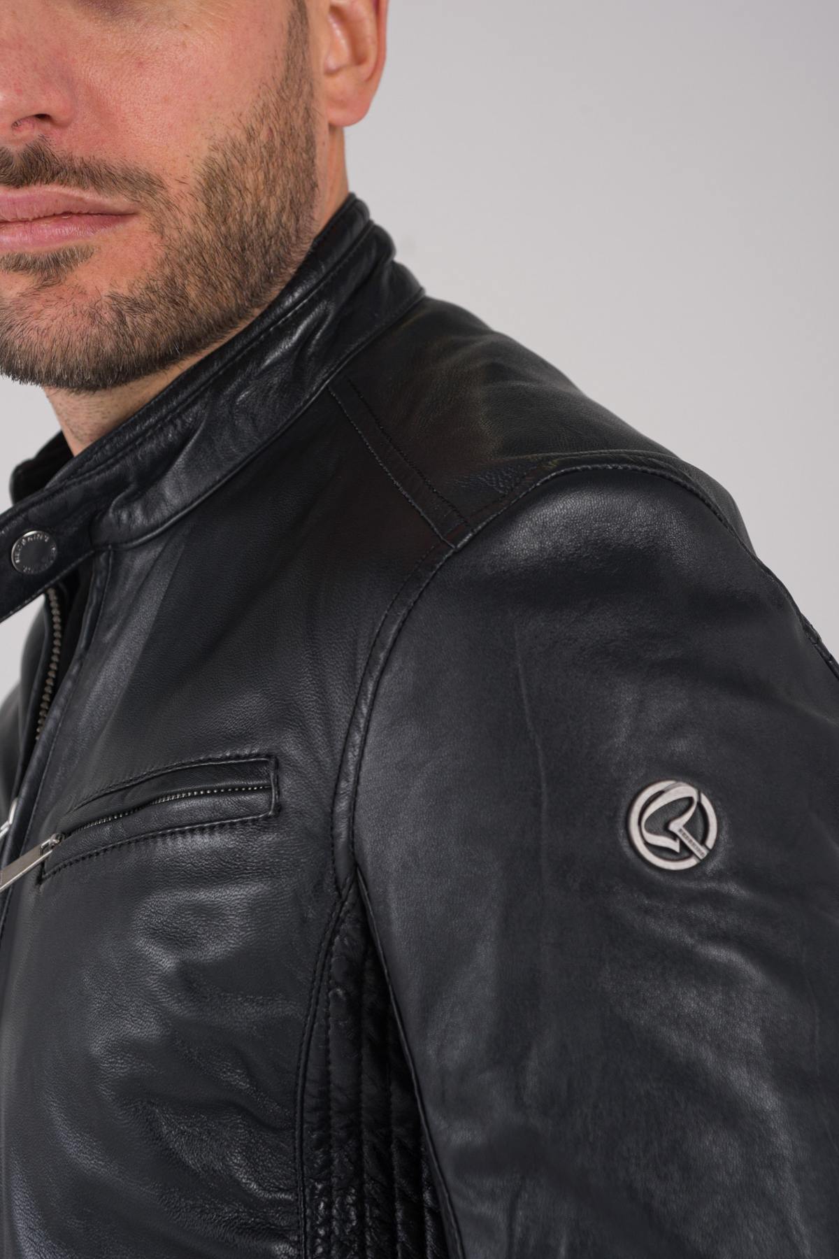 Navy blue biker style leather jacket - Image n°8