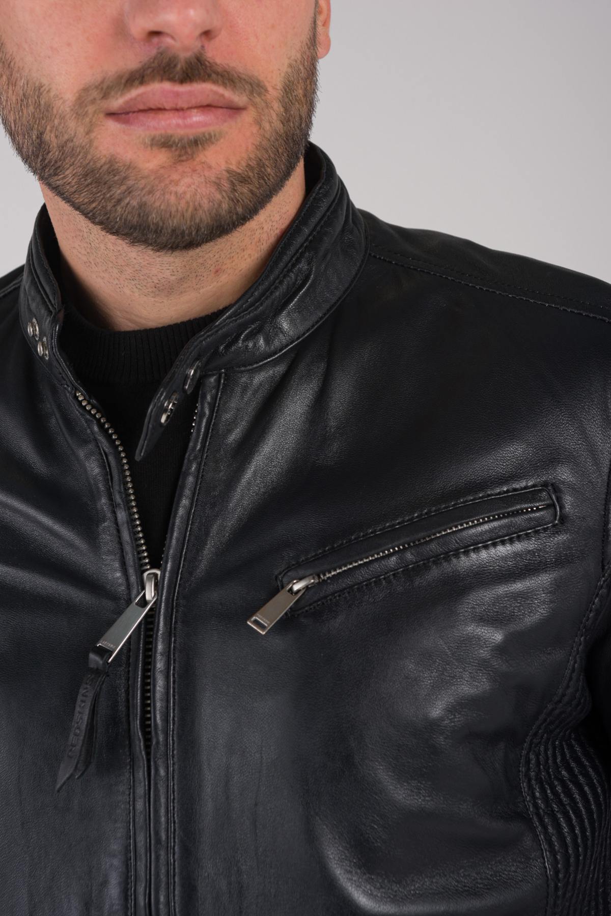 Navy blue biker style leather jacket - Image n°9