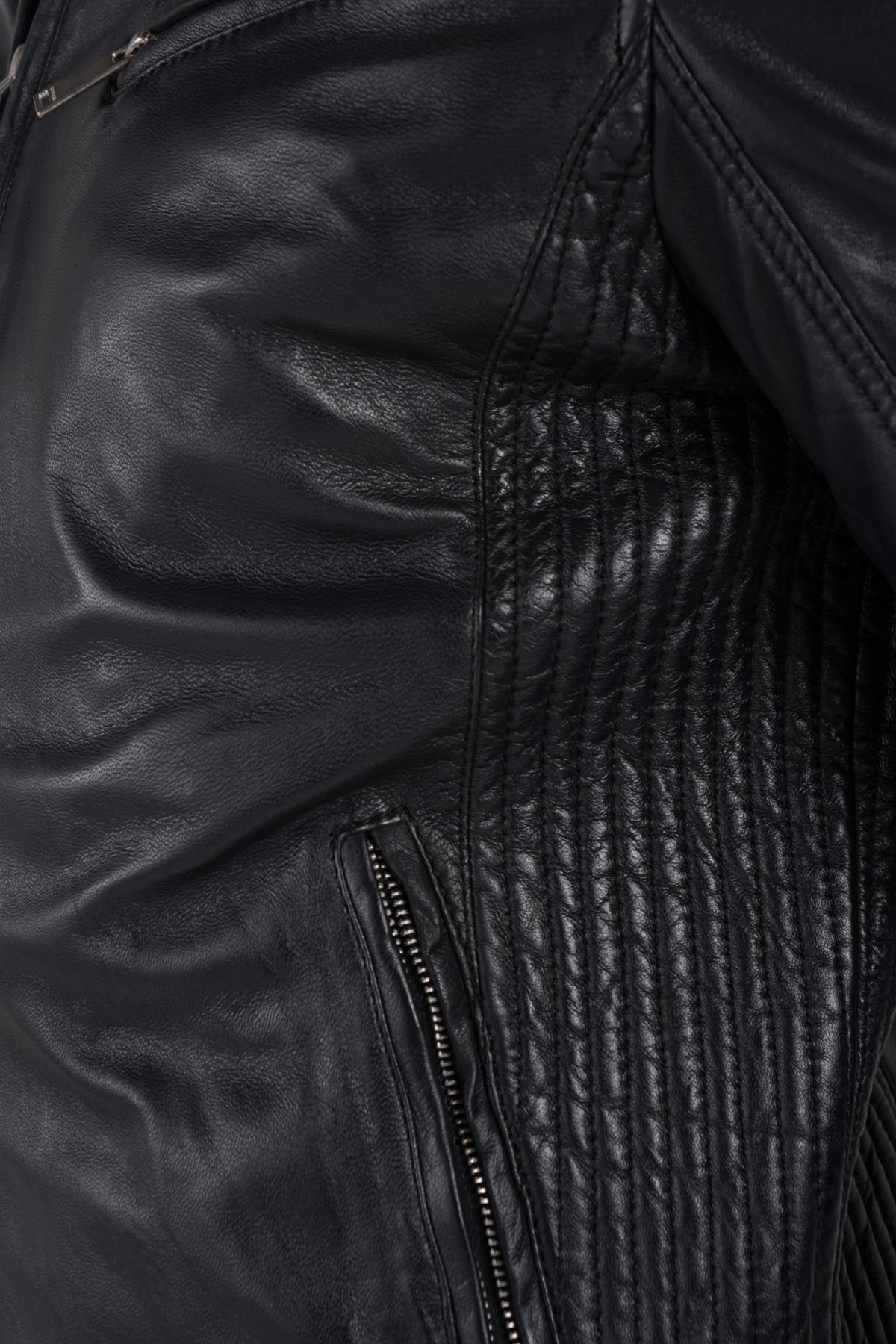 Navy blue biker style leather jacket - Image n°10