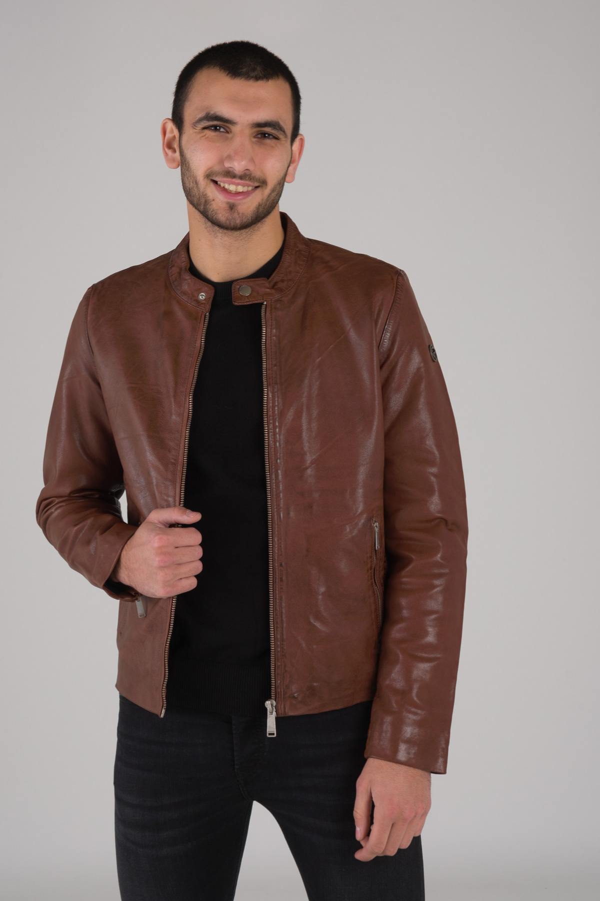 Cognac men's leather jacket - Image n°3