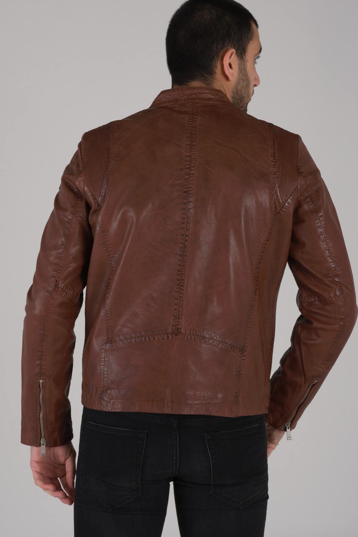 Cognac men's leather jacket - Image n°4