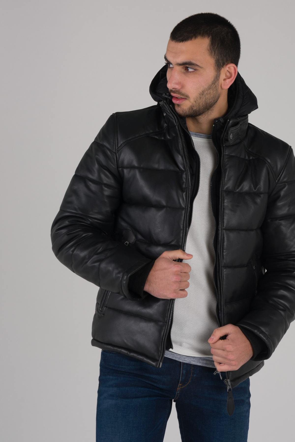 Sportswear leather down jacket - Image n°3