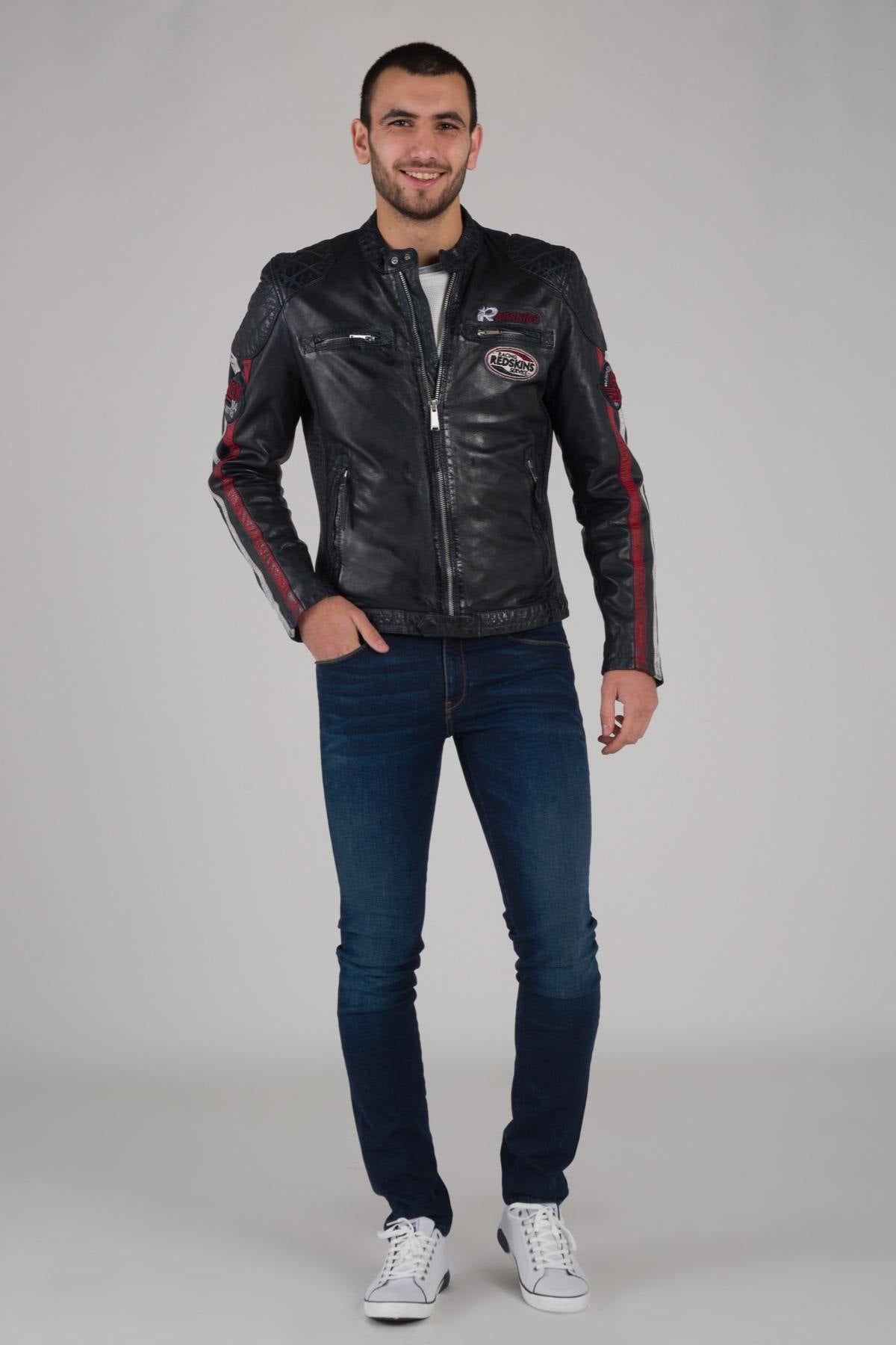 Blue, red and white biker jacket - Image n°4