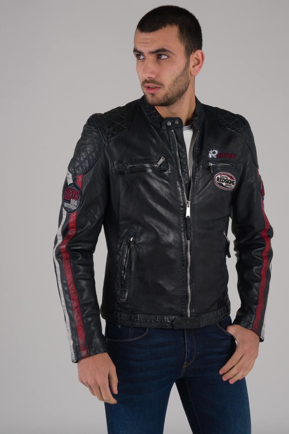 Blue, red and white biker jacket - Image n°1