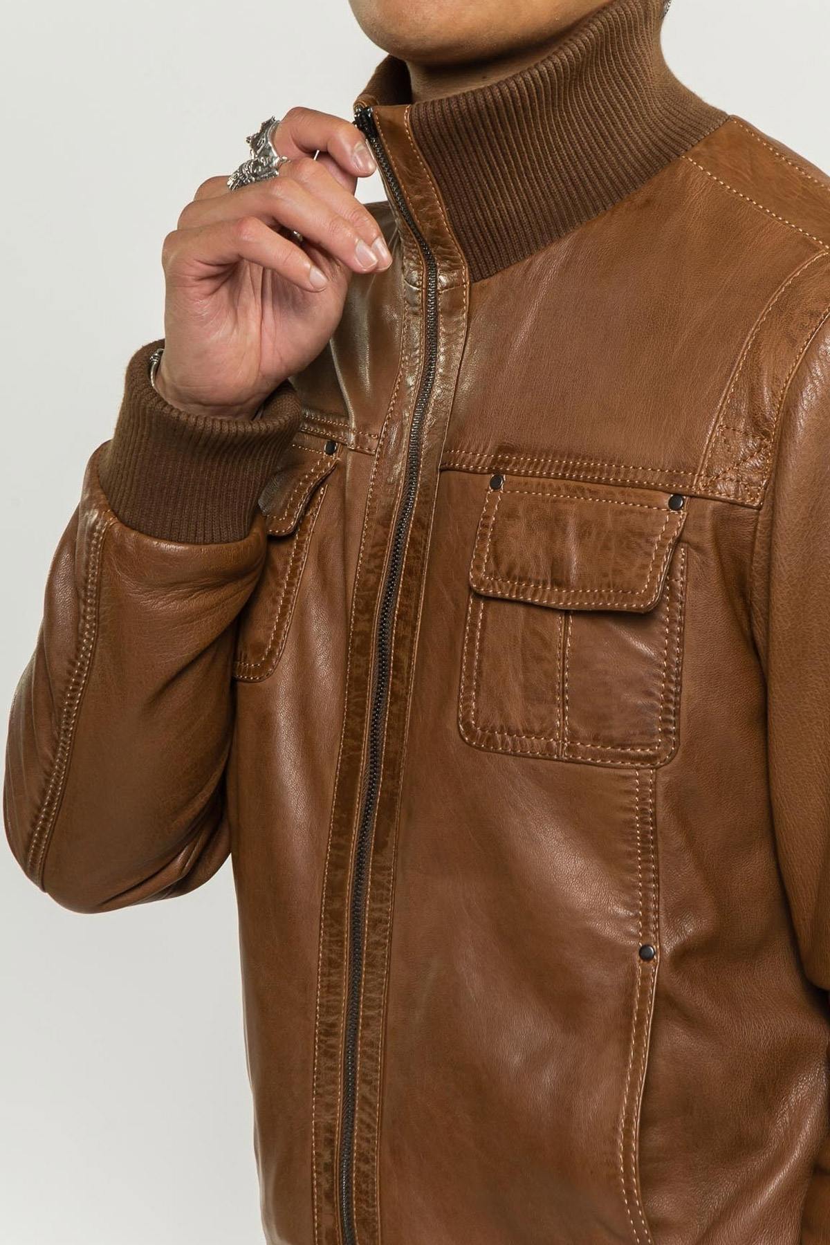 Cognac bomber leather jacket - Image n°4