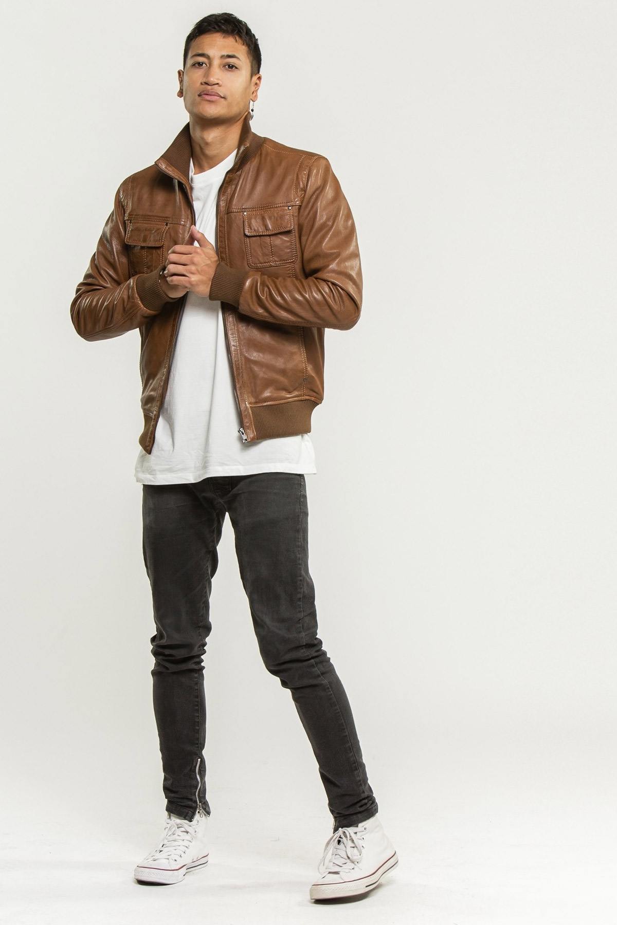 Cognac bomber leather jacket - Image n°2