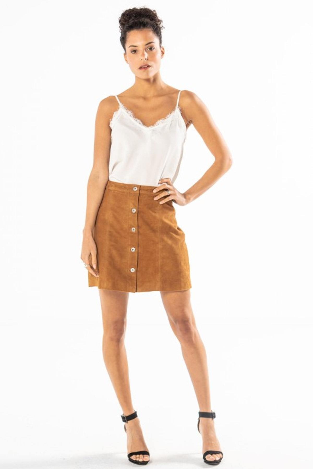 High-waisted velvet suede leather skirt - Image n°6