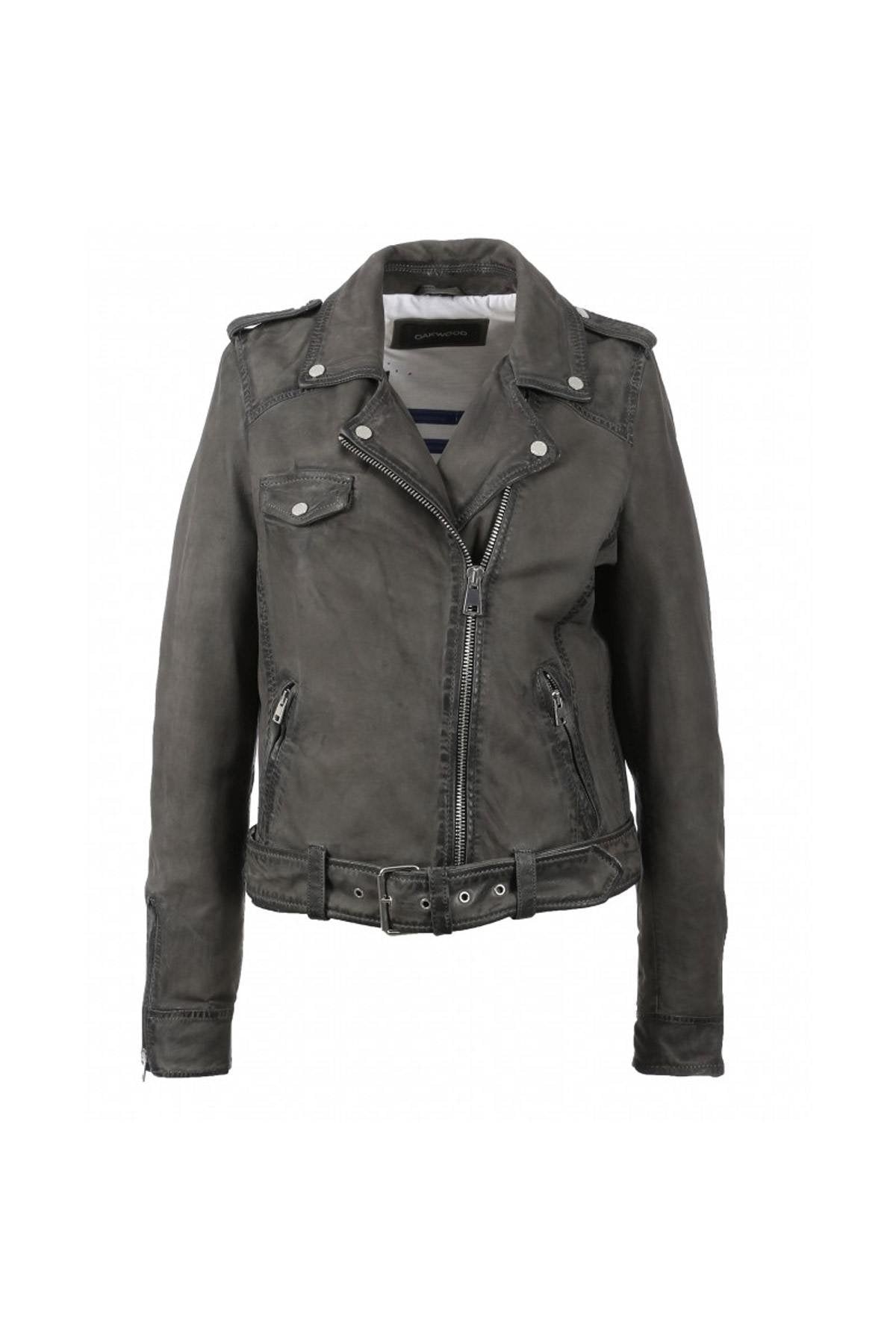 Gray nubuck belted Biker Jacket for women - Image n°1